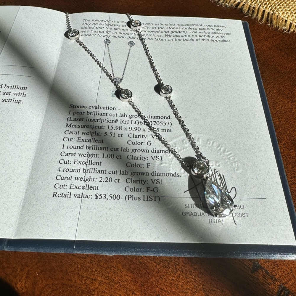 Lab Diamond Pear Shaped Pendant Necklace. 8.71 CTW
